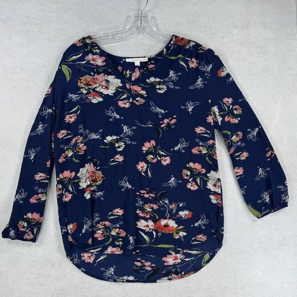 fun2fun Navy Blue Floral Split V-Neck Long Sleeve Blouse Small FD87762-3